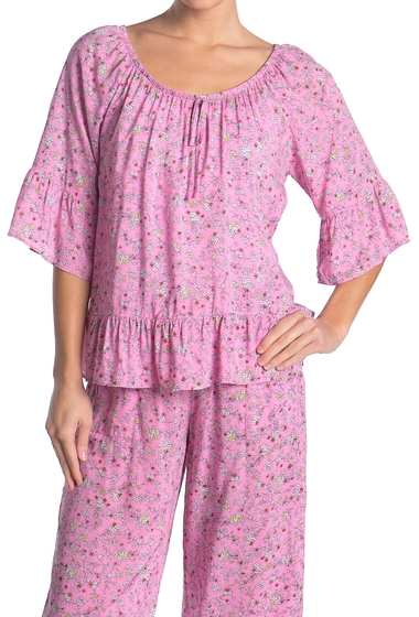 Imbracaminte femei kensie floral 34 sleeve ruffled pajama top fuschia pink ditsy floral
