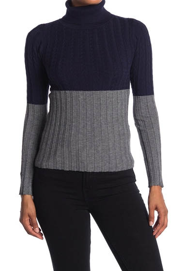 Imbracaminte femei vertigo colorblock cable knit turtleneck sweater navyheather grey