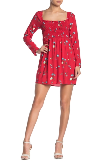 Imbracaminte femei see the shades long sleeve square neck smocked bust dress red floral 3
