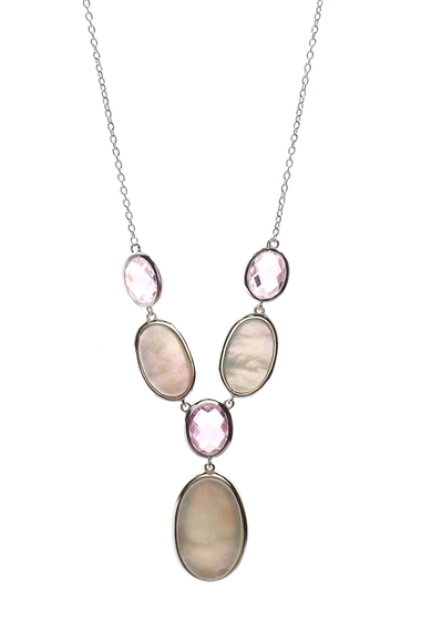 Bijuterii femei savvy cie rhodium plated sterling silver mother of pearl created pink sapphire oval drop necklace white