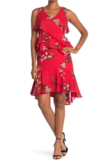 Imbracaminte femei taylor high low floral printed tiered ruffle dress red multi