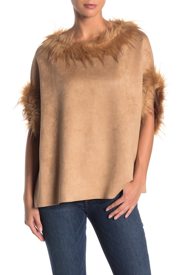 Imbracaminte femei love token faux fur trimmed poncho camel
