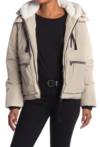 Imbracaminte femei bagatelle leather short utility puffer faux shearling trim jacket khaki