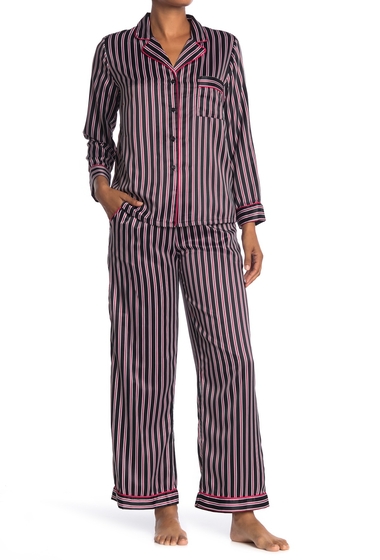 Imbracaminte femei in bloom by jonquil striped satin long sleeve shirt pants 2-piece pajama set blk iry