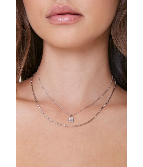 Bijuterii femei forever21 lock charm layered necklace silver