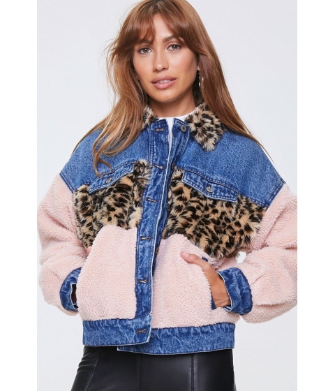 Imbracaminte femei forever21 leopard print faux shearling denim jacket denimmulti