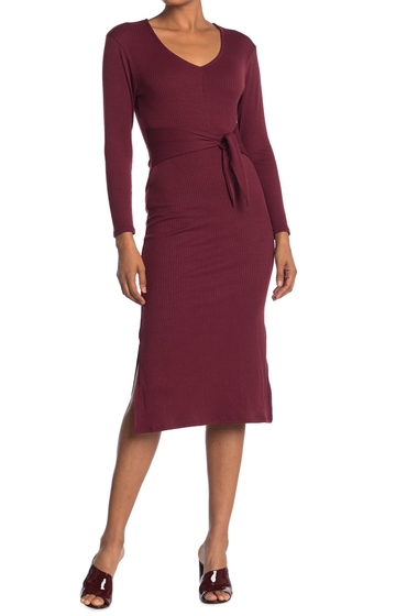 Imbracaminte femei velvet torch long sleeve tie front ribbed knit midi dress red